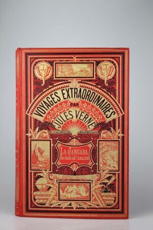 Jules Verne : La Jangada. Paris, Hetzel, sd (1881, pas de catalogue). Un volume grand in-8° relié pleine percaline d'éditeur à décor, cartonnage aux deux éléphants sur fond rouge. Très belle édition.