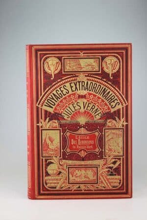 Jules Verne : L'école des robinsons & Le rayon vert. Paris, Hetzel, sd (1883, catalogue BR). Un volume grand in-8° relié pleine percaline d’éditeur à décor, cartonnage aux deux éléphants sur fond rouge. Quelques rousseurs et marques du temps. Belle brillance. Bon exemplaire paru l'année suivant le premier tirage. Collection Hetzel.